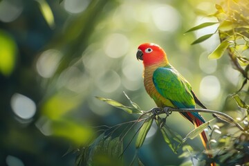 Poster - Colorful parrot perched on branch with blurred bokeh background.
