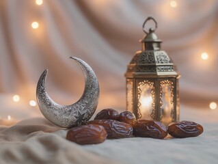 Aufkleber - Lantern, moon, and dates on draped fabric with lights.