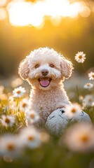 Wall Mural - Happy cream poodle puppy sits in a daisy field at golden hour.