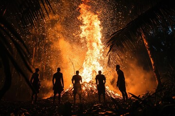 Poster - Silhouetted figures watch huge bonfire with sparks.