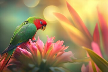 Poster - Parrot on pink flower, bright sunlight.