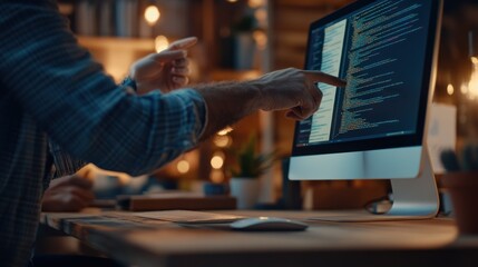 Fototapete - Person coding on desktop, hand points at screen.