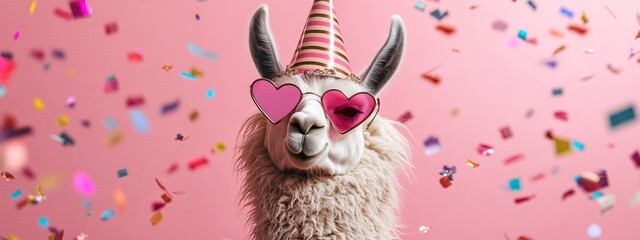 Poster - Llama with heart glasses, party hat and confetti on pink.
