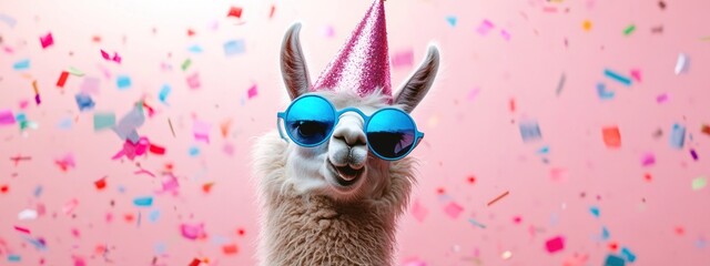 Poster - Llama with party hat, glasses, confetti against pink background.