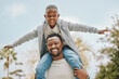 © peopleimages.com - Happy, nature and black child on shoulders of father for playing, having fun and bonding together. Portrait, airplane and African dad carrying boy kid for connection at outdoor park in Nigeria.