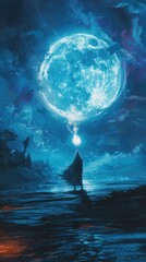 Wall Mural - A lone figure stands on a dark, reflective shore, gazing up at an enormous, luminous blue moon that emanates a soft glow. The scene is infused with a mystical atmosphere, accentuated by swirling cloud