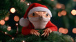 © Generative by J - Snake Santa concept. Adorable snake dressed as Santa, climbing up snowy Christmas tree