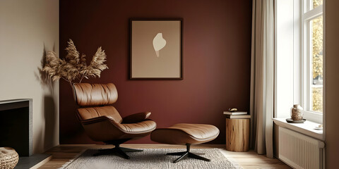 A cozy interior featuring a leather chair, ottoman, and decorative wall art in warm tones.