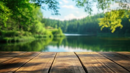 The empty wooden table top with blur background of summer lakes green forest.