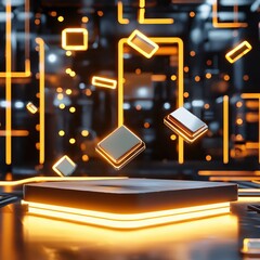 Poster - Futuristic Abstract Background with Glowing Shapes and Cubes in Digital Environment