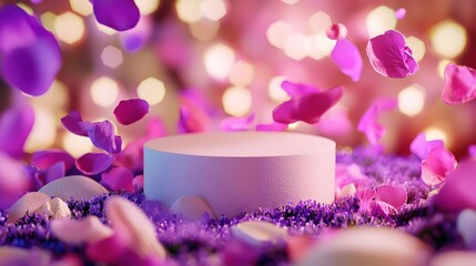 Poster - Romantic Floral Background with Petals on Soft Violet Surface and Dreamy Effects