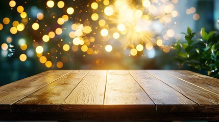 Poster - Wooden Table with Bokeh Lights in Background for Cozy Atmosphere or Display