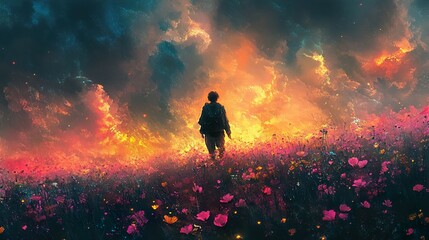 Wall Mural - Into the Fire: A Surreal Journey Through a Vibrant Field