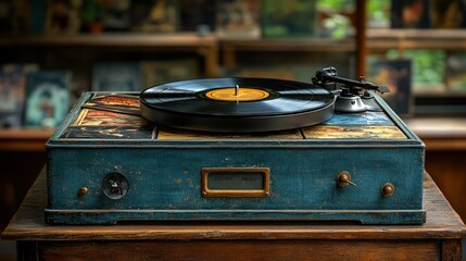 Wall Mural - Antique record player, vintage, teal, wooden.