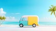 © Rinowz - A colorful vintage ice cream truck parked on a bright sunny beach, surrounded by golden sand and a clear blue sky, creating a nostalgic summer vibe with room for text.