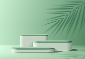 Wall Mural - green white 3d round podium background with palm leaf shadow. studio wall scene. minimalist 3d mocku