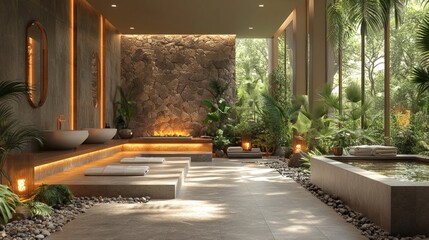 Wall Mural - Luxurious spa bathroom, stone, plants, water feature.