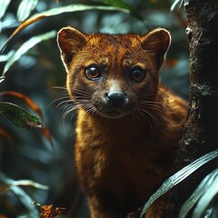 Close-up of a fossas, a reddish-brown cat-like mammal with large eyes, peering from behind lush green foliage.