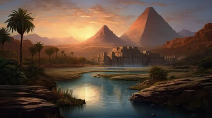 Wall Mural - A view of an ancient Egyptian building and a pyramid in the afternoon. 4k animated video
