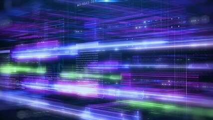 Fototapete - Technology digital grid line hologram big data vertical landscape view concept. HUD UI system hologram, ai construction 4K motion background