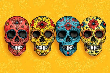 Wall Mural - Four Colorful Sugar Skulls Decorated with Floral Designs on a Yellow Background.