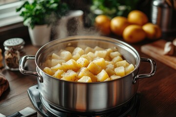 Wall Mural - Steaming hot potatoes with black pepper in stainless steel pot on kitchen counter