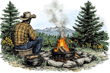 Wall Mural - A lone cowboy sits contemplatively by a campfire in the wilderness, enjoying the majestic mountain view.