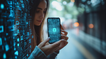 Wall Mural - a woman is holding a cell phone with a blue screen that says 