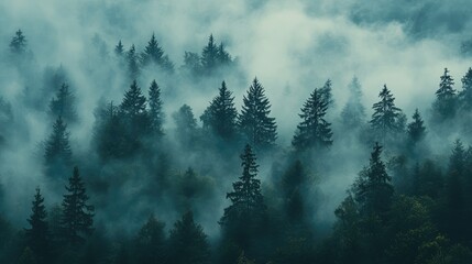 Canvas Print - Trees silhouettes, vertical shot. Moody foggy forest in nature landscape. Minimalistic background for social media post or smartphone wallpaper