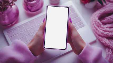 Wall Mural - a woman is holding a phone with a pink case and a pink keyboard