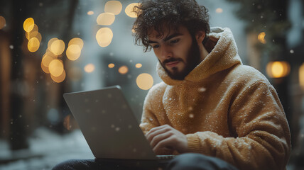 Wall Mural - A man in a yellow hoodie is sitting on the ground and using a laptop