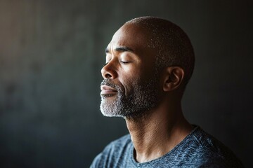 Fototapete - In a serene studio, a diverse man engages in mindfulness meditation, illuminated by soft lighting that enhances his focused demeanor and evokes tranquility.