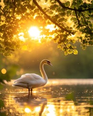 Wall Mural - A serene swan stands in a tranquil lake at sunset, surrounded by lush greenery.