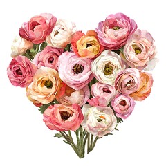 Canvas Print - Heart-Shaped Bouquet of Pastel Ranunculus Flowers.