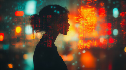 Wall Mural - A woman's silhouette is shown in a cityscape with a lot of lights. The image has a moody and mysterious feel to it, as the woman's face is obscured by the bright lights and the cityscape