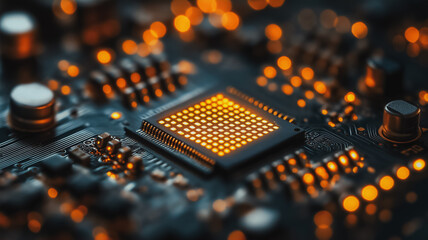 Wall Mural - A close up of a computer chip with a yellow glow. Concept of technology and innovation, as well as the complexity of modern electronics