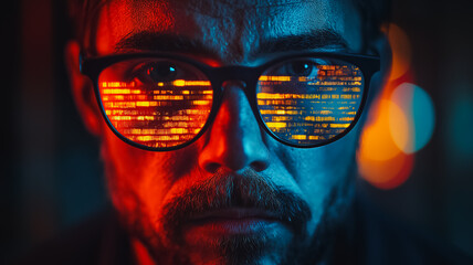 Wall Mural - a man wearing glasses with a reflection of a city in the lenses