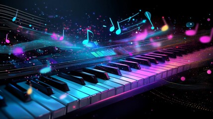 Wall Mural - Colorful Abstract Music Design with Piano Keys and Vibrant Notes Floating Through a Dreamy Background in a Harmonious Composition