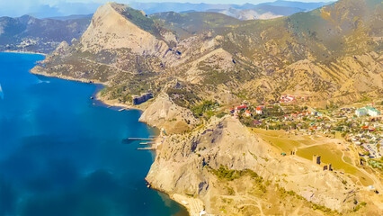 Poster - Sudak, Crimea. Watercolor illustration. Genoese fortress in Sudak. Black sea coast, Aerial View