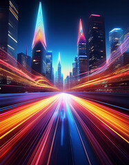 Wall Mural - long streaks of orange and blue light moving fast on night city street. futuristic digital style on 