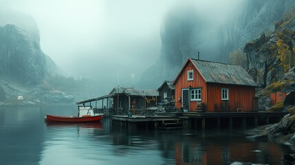 Wall Mural - Misty Fjord Landscape: Red Cabin on a Calm Lake