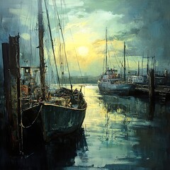 Wall Mural - Sunset at the Harbor: Serene Seascape Painting