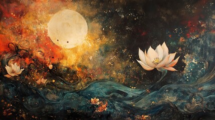 Wall Mural - Cosmic Lotus Bloom: A Nighttime Floral Fantasy