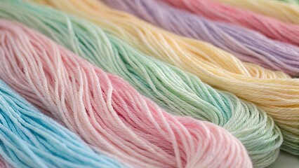 Poster - A row of colorful yarns with different shades of pink, blue, and yellow