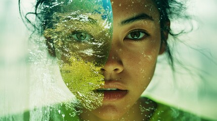 Wall Mural - double exposure image of a globe overlaid on a person’s face, representing the urgent need for global collaboration on climate change solutions and environmental conservation. [Environmental]:[Climate