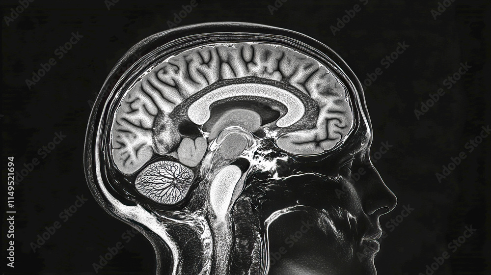 Mri scan of human brain in lateral view displaying detailed anatomy ...