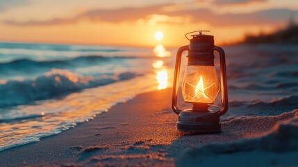 Canvas Print - Vintage old lantern lighting over a coastal sunset. Travel camping concept. Burning lantern on the beach in the dawn, with copy space