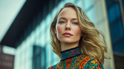 Portrait of young caucasian female with wavy blonde hair in colorful sweater