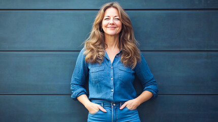 Wall Mural - Confident mature caucasian female in denim outfit against blue wall