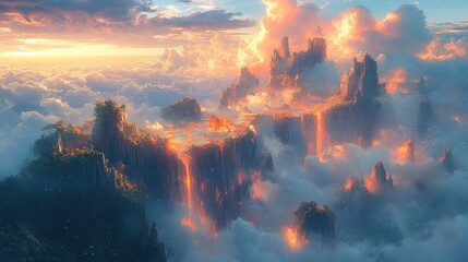 Canvas Print - Volcanic peaks, fiery chasms, sunset cloudscape.